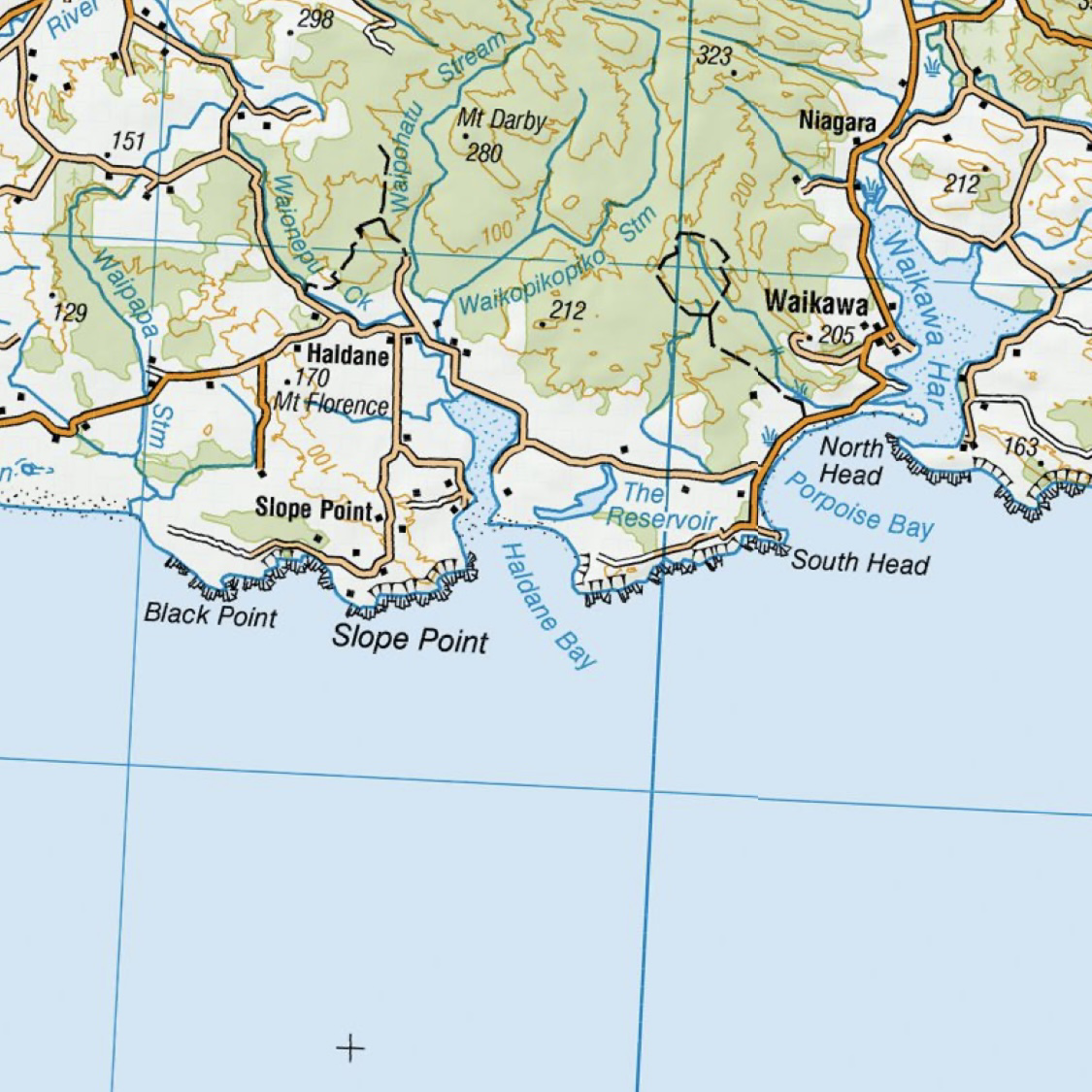 Topo250 map cropped to Slope Point and Waikawa
